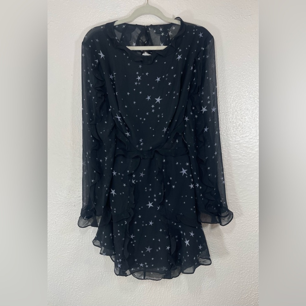 Fame And Partners NWOT The Kye Black Star Print Ruffle Trim Dress Women’s 14